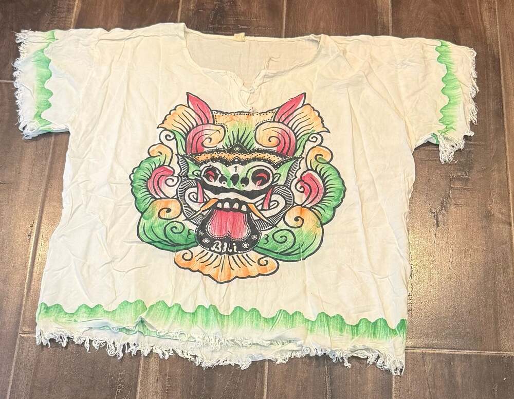 Vintage Seni Batik Made in Bali Barong Mask Graphic Fringed Crop Top